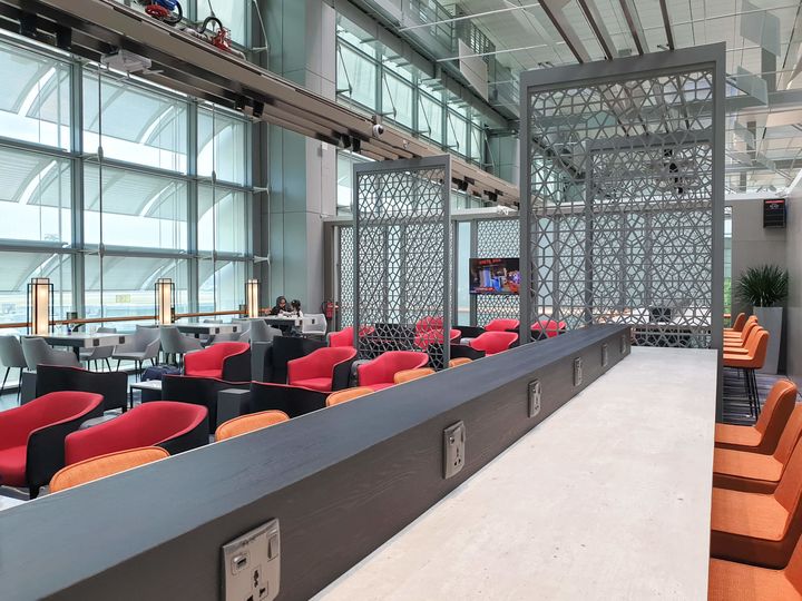 Bar tables, main seating area, Marhaba Lounge Singapore T3.